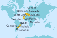 Visitando Buenos aires, Camboriu, Brazil, Ilhabela (Brasil), Río de Janeiro (Brasil), Las Palmas de Gran Canaria (España), Santa Cruz de Tenerife (España), Casablanca (Marruecos), Palma de Mallorca (España), Barcelona, Marsella (Francia), Génova (Italia), Civitavecchia (Roma)