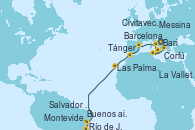 Visitando Bari (Italia), Corfú (Grecia), La Valletta (Malta), Messina (Sicilia), Civitavecchia (Roma), Barcelona, Tánger (Marruecos), Las Palmas de Gran Canaria (España), Salvador de Bahía (Brasil), Río de Janeiro (Brasil), Montevideo (Uruguay), Buenos aires