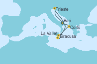 Visitando Bari (Italia), Corfú (Grecia), Siracusa (Sicilia), La Valletta (Malta), Trieste (Italia), Bari (Italia)