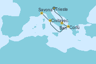 Visitando Trieste (Italia), Bari (Italia), Corfú (Grecia), Civitavecchia (Roma), Savona (Italia)
