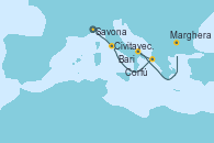 Visitando Savona (Italia), Civitavecchia (Roma), Corfú (Grecia), Bari (Italia), Marghera (Venecia/Italia)
