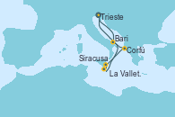 Visitando Trieste (Italia), Bari (Italia), Corfú (Grecia), Siracusa (Sicilia), La Valletta (Malta), Trieste (Italia)