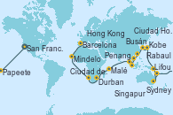 Visitando San Francisco (California/EEUU), San Francisco (California/EEUU), Kahului (Hawai/EEUU), Honolulu (Hawai), Papeete (Tahití), Suva (Fiyi), Lifou (Isla Loyalty/Nueva Caledonia), Nouméa (Nueva Caledonia), Sydney (Australia), Sydney (Australia), Newcastle (Australia), Cairns (Australia), Rabaul (Papúa Nueva Guinea), Tokio (Japón), Tokio (Japón), Kobe (Japón), Nagasaki (Japón), Busán (Corea del Sur), Keelung (Taiwán), Hong Kong (China), Hong Kong (China), Nha Trang (Vietnam), Ciudad Ho Chi Minh (Vietnam), Ko Samui (Tailandia), Singapur, Port Klang (Malasia), Penang (Malasia), Colombo (Sri Lanka), Malé (Maldivas), Port Louis  (Mauricio), Durban (Sudáfrica), Port Elizabeth (San Vicente y Granadinas), Ciudad del Cabo (Sudáfrica), Walvis Bay (Namibia), Mindelo (Cabo Verde), Las Palmas de Gran Canaria (España), Barcelona