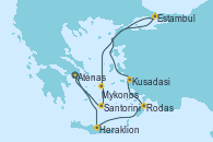 Visitando Atenas (Grecia), Heraklion (Creta), Rodas (Grecia), Kusadasi (Efeso/Turquía), Estambul (Turquía), Mykonos (Grecia), Santorini (Grecia), Atenas (Grecia)