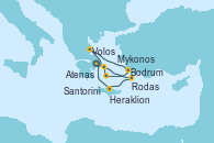 Visitando Atenas (Grecia), Volos (Grecia), Bodrum (Turquia), Santorini (Grecia), Mykonos (Grecia), Rodas (Grecia), Heraklion (Creta), Atenas (Grecia)