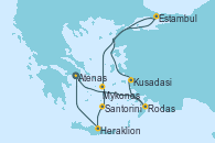 Visitando Atenas (Grecia), Rodas (Grecia), Kusadasi (Efeso/Turquía), Estambul (Turquía), Mykonos (Grecia), Santorini (Grecia), Heraklion (Creta), Atenas (Grecia)