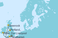 Visitando Southampton (Inglaterra), Cobh, Cork (Irlanda), Liverpool (Reino Unido), Greenock (Escocia), Portland, Dorset (Reino Unido), Southampton (Inglaterra)