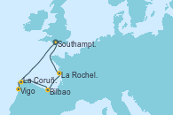 Visitando Southampton (Inglaterra), Vigo (España), La Coruña (Galicia/España), Bilbao (España), La Rochelle (Francia), Southampton (Inglaterra)