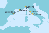 Visitando Barcelona, Civitavecchia (Roma), Livorno, Pisa y Florencia (Italia), Génova (Italia), Toulon (Francia), Barcelona