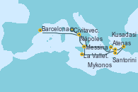 Visitando Civitavecchia (Roma), Atenas (Grecia), Santorini (Grecia), Kusadasi (Efeso/Turquía), Mykonos (Grecia), La Valletta (Malta), Messina (Sicilia), Nápoles (Italia), Barcelona
