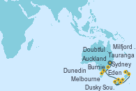 Visitando Sydney (Australia), Eden (Nueva Gales), Burnie (Tasmania/Australia), Melbourne (Australia), Doubtful Sound (Nueva Zelanda), Milfjord Sound (Nueva Zelanda), Dusky Sound (Nueva Zelanda), Dunedin (Nueva Zelanda), Tauranga (Nueva Zelanda), Auckland (Nueva Zelanda)