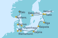 Visitando Oslo (Noruega), Kristiansand (Noruega), Aarhus (Dinamarca), Copenhague (Dinamarca), Kiel (Alemania), Warnemunde (Alemania), Gdynia (Polonia), Klaipeda (Lituania), Riga (Letonia), Tallin (Estonia), Helsinki (Finlandia), Estocolmo (Suecia)