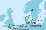 Visitando Southampton (Inglaterra), Le Havre (Francia), Ijmuiden (Ámsterdam), Zeebrugge (Bruselas), Hamburgo (Alemania), Hamburgo (Alemania), Copenhague (Dinamarca), Warnemunde (Alemania), Aarhus (Dinamarca), Oslo (Noruega)