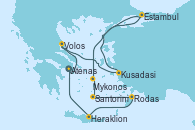 Visitando Atenas (Grecia), Volos (Grecia), Kusadasi (Efeso/Turquía), Estambul (Turquía), Estambul (Turquía), Mykonos (Grecia), Santorini (Grecia), Rodas (Grecia), Heraklion (Creta), Atenas (Grecia)