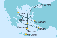 Visitando Atenas (Grecia), Volos (Grecia), Kusadasi (Efeso/Turquía), Estambul (Turquía), Estambul (Turquía), Santorini (Grecia), Heraklion (Creta), Mykonos (Grecia), Rodas (Grecia), Atenas (Grecia)