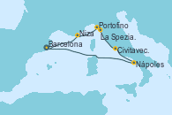 Visitando Barcelona,Niza (Francia),Portofino (Italia),La Spezia, Florencia y Pisa (Italia),Civitavecchia (Roma),Nápoles (Italia),Navegación,Barcelona