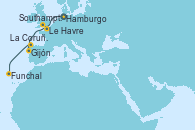Visitando Hamburgo (Alemania), Southampton (Inglaterra), Le Havre (Francia), Gijón (Asturias/España), La Coruña (Galicia/España), Funchal (Madeira)