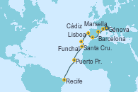 Visitando Génova (Italia), Marsella (Francia), Barcelona, Cádiz (España), Lisboa (Portugal), Funchal (Madeira), Santa Cruz de Tenerife (España), Puerto Praia (Cabo Verde), Recife (Brasil)