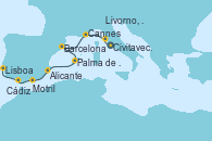 Visitando Civitavecchia (Roma), Livorno, Pisa y Florencia (Italia), Livorno, Pisa y Florencia (Italia), Cannes (Francia), Barcelona, Palma de Mallorca (España), Alicante (España), Motril (Granada/Andalucía), Cádiz (España), Lisboa (Portugal)