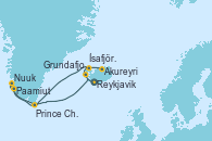 Visitando Reykjavik (Islandia), Grundafjord (Islandia), Akureyri (Islandia), Ísafjörður (Islandia), Prince Christian Sound (Groenlandia), Paamiut (Groenlandia), Nuuk (Groenlandia), Reykjavik (Islandia)