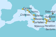 Visitando Estambul (Turquía), Kusadasi (Efeso/Turquía), Mykonos (Grecia), Santorini (Grecia), Atenas (Grecia), Heraklion (Creta), La Valletta (Malta), Messina (Sicilia), Salerno (Italia), Livorno, Pisa y Florencia (Italia), Cannes (Francia), Civitavecchia (Roma)