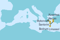Visitando Atenas (Grecia), Santorini (Grecia), Kusadasi (Efeso/Turquía), Bodrum (Turquia), Limassol (Chipre), Mykonos (Grecia), Atenas (Grecia)
