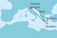 Visitando Ancona (Italia), Venecia (Italia), Kotor (Montenegro), Mykonos (Grecia), Mykonos (Grecia), Heraklion (Creta), Ancona (Italia)