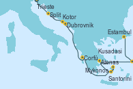 Visitando Trieste (Italia), Split (Croacia), Dubrovnik (Croacia), Kotor (Montenegro), Corfú (Grecia), Mykonos (Grecia), Santorini (Grecia), Atenas (Grecia), Kusadasi (Efeso/Turquía), Estambul (Turquía)