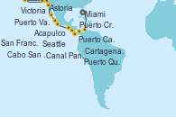 Visitando Miami (Florida/EEUU), Cartagena de Indias (Colombia), Canal Panamá, Puerto Cristóbal (Panamá), Puerto Cristóbal (Panamá), Puerto Caldera (Costa Rica), Puerto Quetzal (Guatemala), Acapulco (México), Puerto Vallarta (México), Cabo San Lucas (México), San Francisco (California/EEUU), San Francisco (California/EEUU), Astoria  (Oregón), Victoria (Canadá), Seattle (Washington/EEUU)