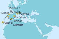 Visitando Génova (Italia), Marsella (Francia), Barcelona, Málaga, Gibraltar (Inglaterra), Lisboa (Portugal), Puerto Leixões (Portugal), Funchal (Madeira)