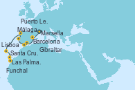 Visitando Marsella (Francia), Barcelona, Málaga, Gibraltar (Inglaterra), Lisboa (Portugal), Puerto Leixões (Portugal), Funchal (Madeira), Las Palmas de Gran Canaria (España), Santa Cruz de la Palma (España), Santa Cruz de Tenerife (España)
