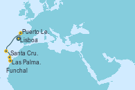 Visitando Lisboa (Portugal), Puerto Leixões (Portugal), Funchal (Madeira), Las Palmas de Gran Canaria (España), Santa Cruz de la Palma (España), Santa Cruz de Tenerife (España) Visitando Lisboa (Portugal), Puerto Leixões (Portugal), Funchal (Madeira), Las Palmas de Gran Canaria (España), Santa Cruz de la Palma (España), Santa Cruz de Tenerife (España)