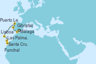 Visitando Málaga, Gibraltar (Inglaterra), Lisboa (Portugal), Puerto Leixões (Portugal), Funchal (Madeira), Las Palmas de Gran Canaria (España), Santa Cruz de la Palma (España), Santa Cruz de Tenerife (España)