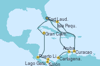 Visitando Fort Lauderdale (Florida/EEUU), Curacao (Antillas), Aruba (Antillas), Aruba (Antillas), Isla Pequeña (San Salvador/Bahamas), Fort Lauderdale (Florida/EEUU), Isla Pequeña (San Salvador/Bahamas), Curacao (Antillas), Cartagena de Indias (Colombia), Lago Gatun (Panamá), Colón (Panamá), Puerto Limón (Costa Rica), Gran Caimán (Islas Caimán), Fort Lauderdale (Florida/EEUU)