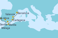 Visitando Lisboa (Portugal), Sevilla (España), Sevilla (España), Sevilla (España), Málaga, Málaga, Melilla (España), Cartagena (Murcia), Valencia, Barcelona
