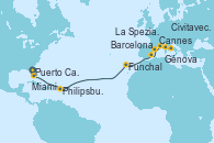 Visitando Puerto Cañaveral (Florida), Miami (Florida/EEUU), Philipsburg (St. Maarten), Funchal (Madeira), Barcelona, Cannes (Francia), Génova (Italia), La Spezia, Florencia y Pisa (Italia), Civitavecchia (Roma)