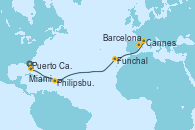 Visitando Puerto Cañaveral (Florida), Miami (Florida/EEUU), Philipsburg (St. Maarten), Funchal (Madeira), Barcelona, Cannes (Francia)