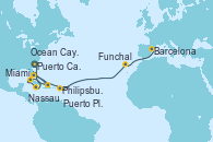 Visitando Puerto Cañaveral (Florida), Nassau (Bahamas), Ocean Cay MSC Marine Reserve (Bahamas), Puerto Plata, Republica Dominicana, Puerto Cañaveral (Florida), Miami (Florida/EEUU), Philipsburg (St. Maarten), Funchal (Madeira), Barcelona