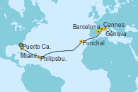 Visitando Puerto Cañaveral (Florida), Miami (Florida/EEUU), Philipsburg (St. Maarten), Funchal (Madeira), Barcelona, Cannes (Francia), Génova (Italia)