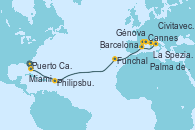 Visitando Puerto Cañaveral (Florida), Miami (Florida/EEUU), Philipsburg (St. Maarten), Funchal (Madeira), Barcelona, Cannes (Francia), Génova (Italia), La Spezia, Florencia y Pisa (Italia), Civitavecchia (Roma), Palma de Mallorca (España)