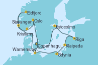 Visitando Copenhague (Dinamarca), Warnemunde (Alemania), Gdynia (Polonia), Klaipeda (Lituania), Riga (Letonia), Estocolmo (Suecia), Copenhague (Dinamarca), Warnemunde (Alemania), Stavanger (Noruega), Eidfjord (Hardangerfjord/Noruega), Kristiansand (Noruega), Oslo (Noruega), Copenhague (Dinamarca)
