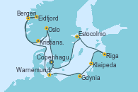 Visitando Copenhague (Dinamarca), Warnemunde (Alemania), Eidfjord (Hardangerfjord/Noruega), Bergen (Noruega), Kristiansand (Noruega), Oslo (Noruega), Copenhague (Dinamarca), Warnemunde (Alemania), Gdynia (Polonia), Klaipeda (Lituania), Riga (Letonia), Estocolmo (Suecia), Copenhague (Dinamarca)