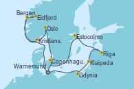 Visitando Warnemunde (Alemania), Eidfjord (Hardangerfjord/Noruega), Bergen (Noruega), Kristiansand (Noruega), Oslo (Noruega), Copenhague (Dinamarca), Warnemunde (Alemania), Gdynia (Polonia), Klaipeda (Lituania), Riga (Letonia), Estocolmo (Suecia), Copenhague (Dinamarca), Warnemunde (Alemania)