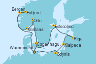 Visitando Warnemunde (Alemania), Gdynia (Polonia), Klaipeda (Lituania), Riga (Letonia), Estocolmo (Suecia), Copenhague (Dinamarca), Warnemunde (Alemania), Eidfjord (Hardangerfjord/Noruega), Bergen (Noruega), Kristiansand (Noruega), Oslo (Noruega), Copenhague (Dinamarca), Warnemunde (Alemania)
