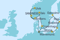 Visitando Warnemunde (Alemania), Ulvik (Noruega), Kristiansand (Noruega), SANDNESS (STAVANGER), Oslo (Noruega), Copenhague (Dinamarca), Warnemunde (Alemania), Gdynia (Polonia), Klaipeda (Lituania), Riga (Letonia), Estocolmo (Suecia), Copenhague (Dinamarca), Warnemunde (Alemania)