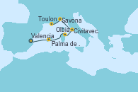Visitando Valencia, Palma de Mallorca (España), Olbia (Cerdeña), Civitavecchia (Roma), Savona (Italia), Toulon (Francia)