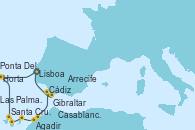 Visitando Lisboa (Portugal), Ponta Delgada (Azores), Horta (Islas Azores), Santa Cruz de Tenerife (España), Las Palmas de Gran Canaria (España), Arrecife (Lanzarote/España), Agadir (Marruecos), Casablanca (Marruecos), Cádiz (España), Gibraltar (Inglaterra), Lisboa (Portugal)