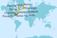 Visitando Nueva York (Estados Unidos), Halifax (Canadá), Sydney (Nueva Escocia/Canadá), Charleston (Carolina del Sur), Nuuk (Groenlandia), Paamiut (Groenlandia), Prince Christian Sound (Groenlandia), Ísafjörður (Islandia), Akureyri (Islandia), Grundafjord (Islandia), Reykjavik (Islandia)