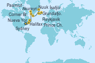 Visitando Nueva York (Estados Unidos), Halifax (Canadá), Sydney (Nueva Escocia/Canadá), Corner Brook (Newfoundland/Canadá), Nuuk (Groenlandia), Paamiut (Groenlandia), Prince Christian Sound (Groenlandia), Ísafjörður (Islandia), Akureyri (Islandia), Grundafjord (Islandia), Reykjavik (Islandia)