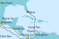 Visitando Miami (Florida/EEUU), Cartagena de Indias (Colombia), Canal Panamá, Puerto Cristóbal (Panamá), Puerto Cristóbal (Panamá), Puerto Caldera (Costa Rica), Puerto Quetzal (Guatemala), Acapulco (México), Puerto Vallarta (México), Cabo San Lucas (México), San Francisco (California/EEUU), San Francisco (California/EEUU)